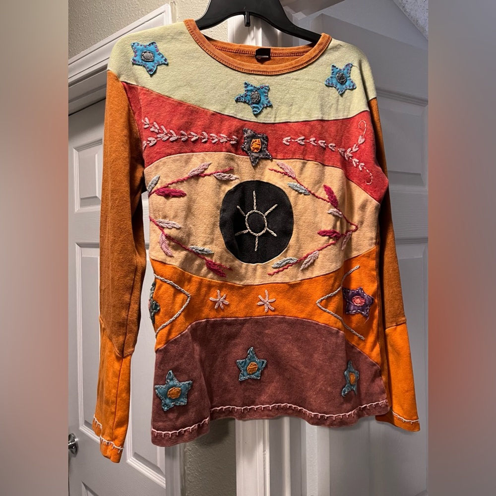 Bohemian Patchwork Embroidered Colorblock Long-Sleeve Top
